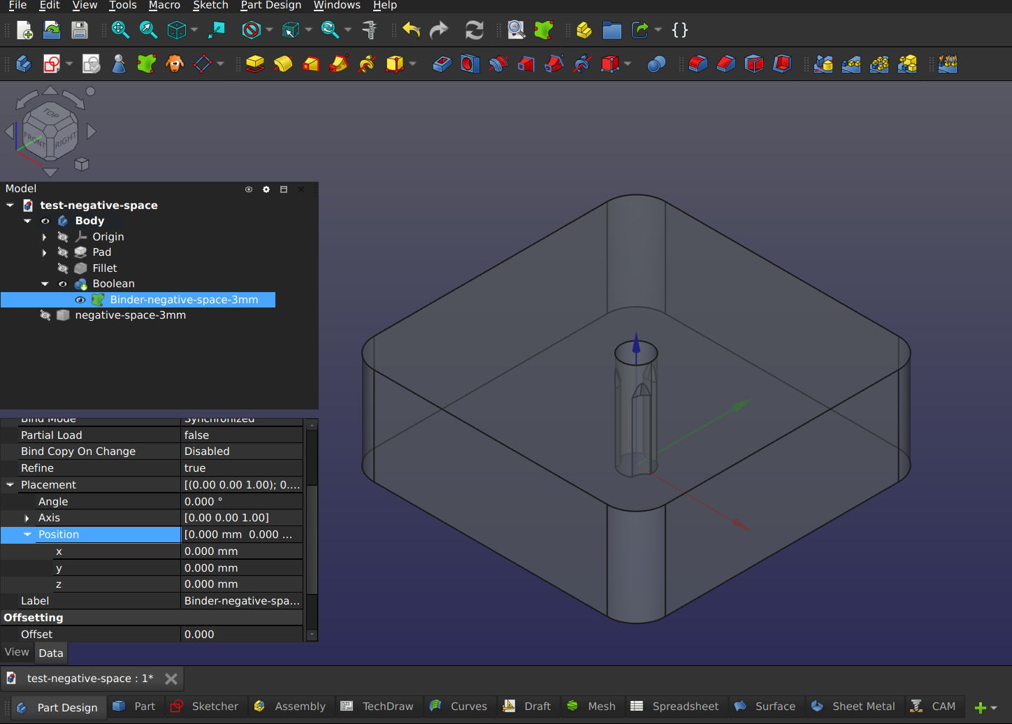 Using a subshape binder to cut out a shape of the part.